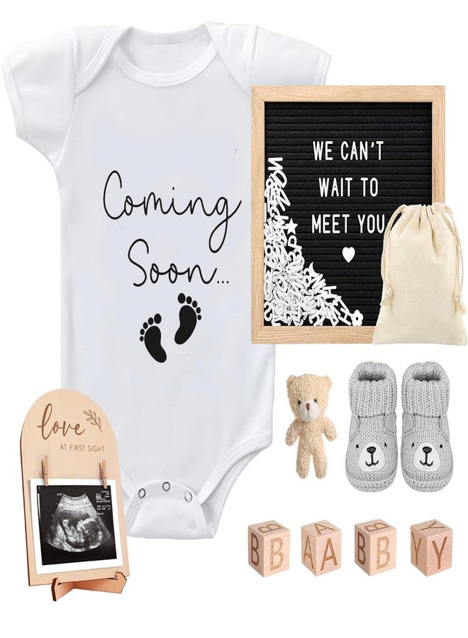 SytuHete 9 Pcs Pregnancy Announcements Set, Include Felt Letter Board Baby Bodysuit Shoes and Wooden Sign Surprise Announcement for Grandparents Partner Gift Family Reveal(White Coming soon-grey shoe) - Image 1